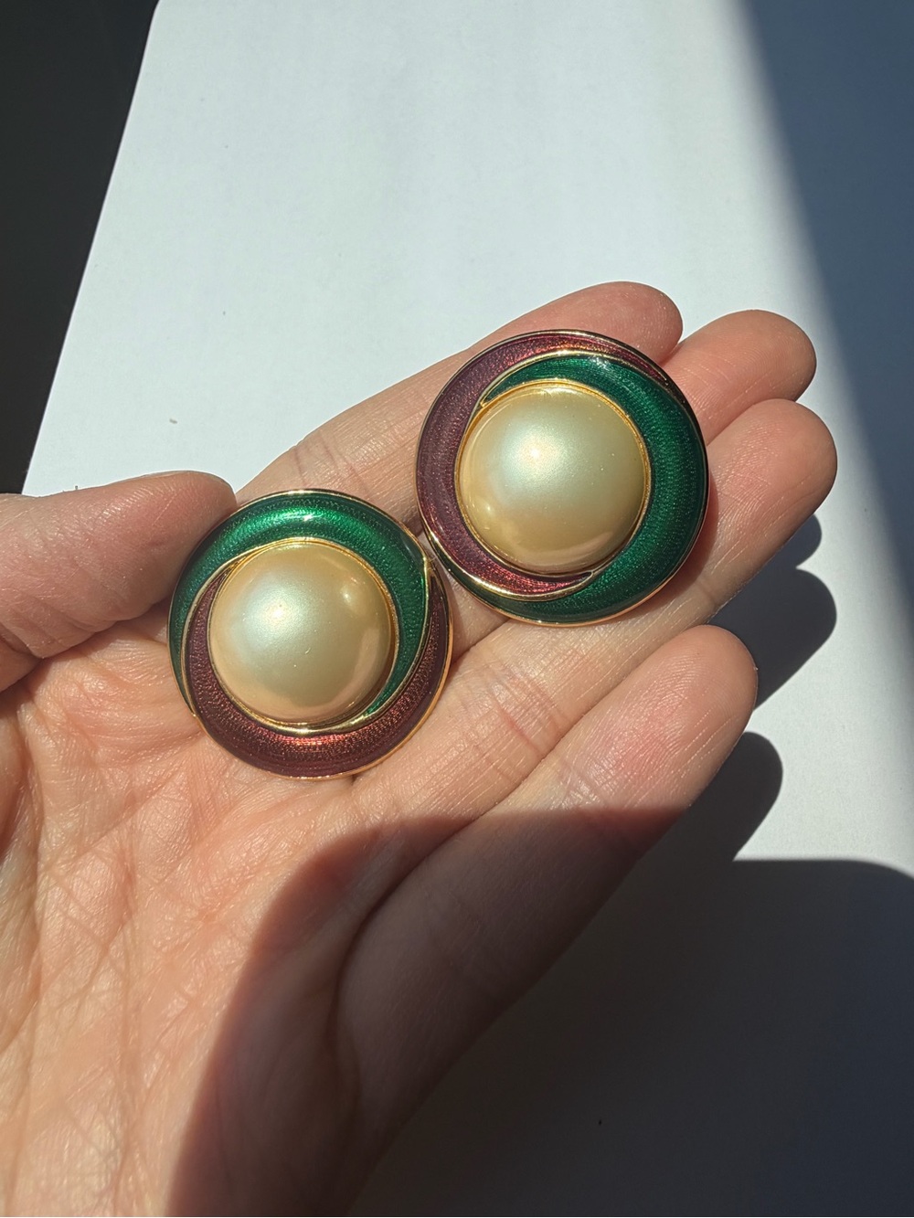 Vintage Trifari Round Faux Pearl Enamel Clip Earrings Green Burgundy